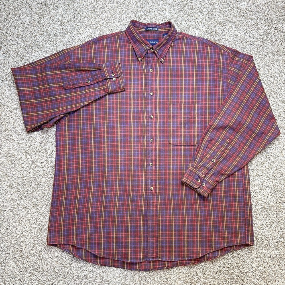 VTG GANT Coastal Twill Mens XL Plaid Shirt Red Blue 100% Cotton Button Down 90s